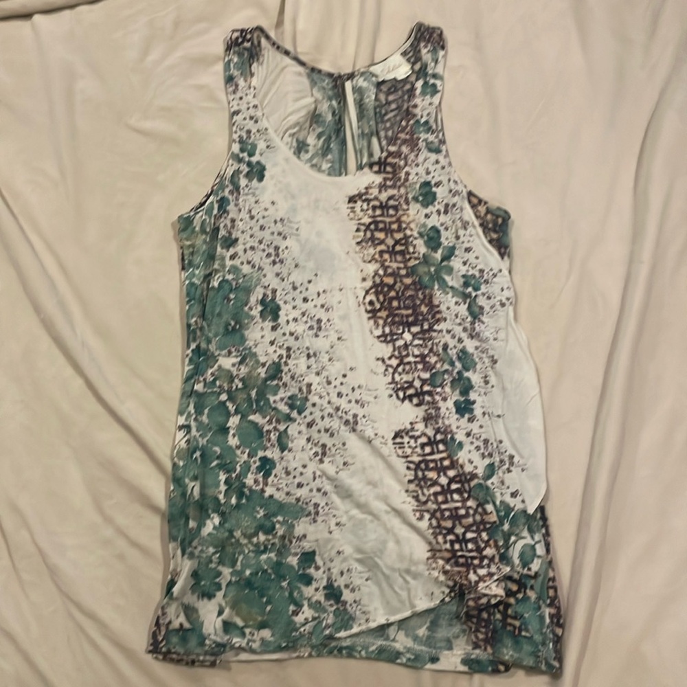 Small, Deletta, white/purple/green loose, flowy tank top.